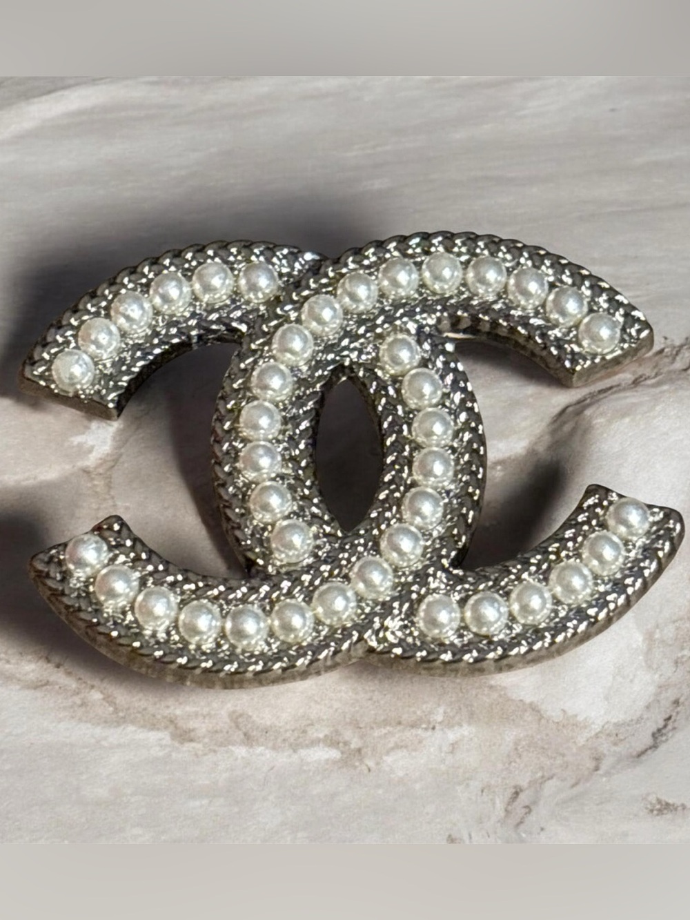 Chanel Coco CC Mark Pearl Brooch Silver Metal Women's CHANEL